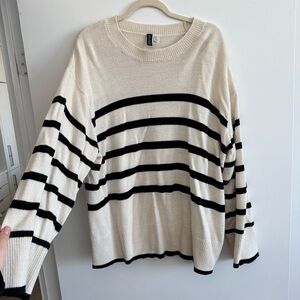 H&M Black and Cream Striped Crew Neck Sweater